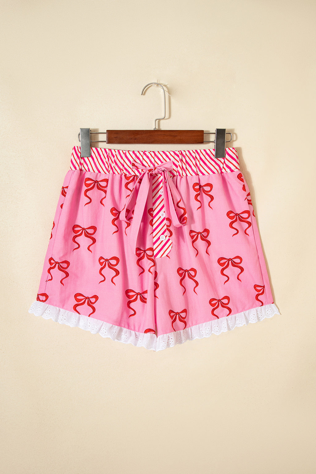 Pink Bow Print Striped Patchwork Elastic Waist Lace Trim Loose Shorts