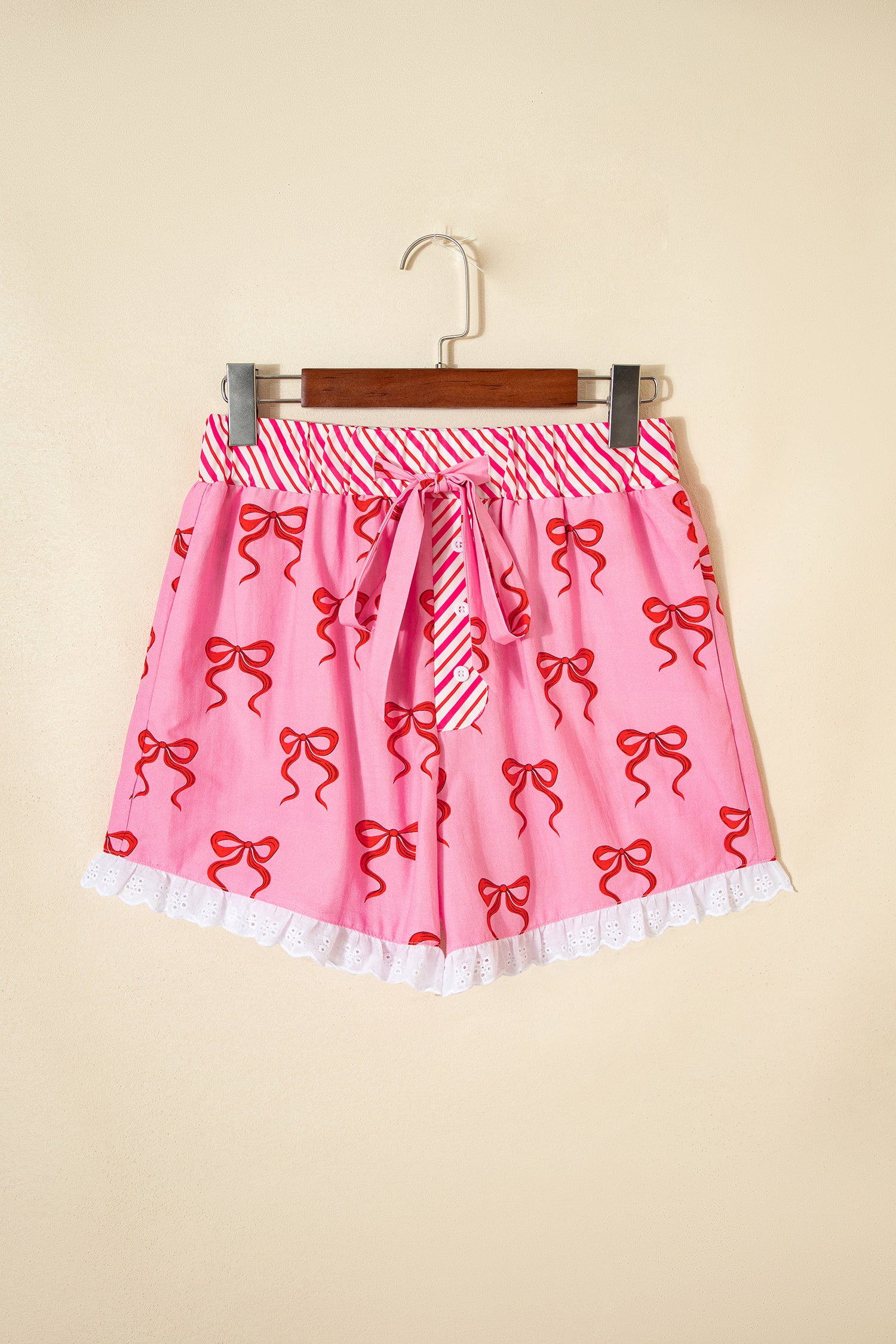 Pink Bow Print Striped Patchwork Elastic Waist Lace Trim Loose Shorts