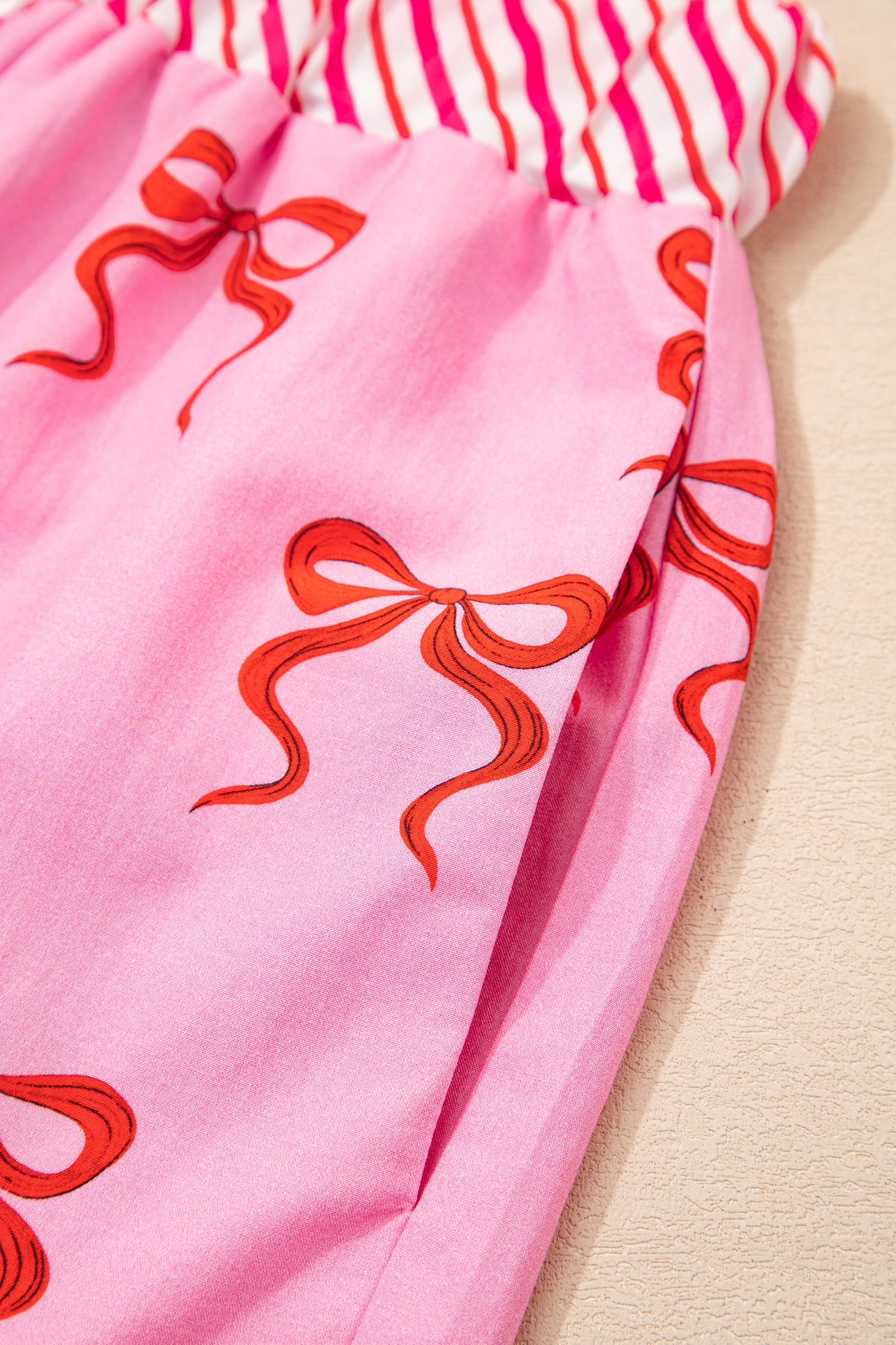 Pink Bow Print Striped Patchwork Elastic Waist Lace Trim Loose Shorts