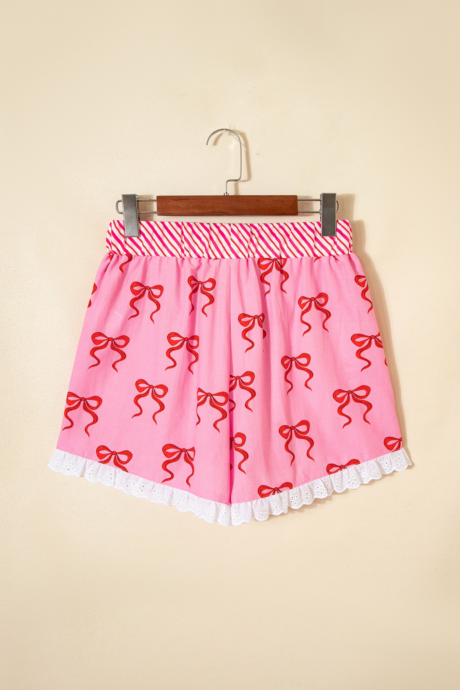 Pink Bow Print Striped Patchwork Elastic Waist Lace Trim Loose Shorts
